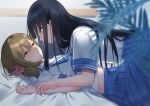  2girls bangs bed_sheet black_hair blonde_hair blue_bow blue_eyes blue_skirt blunt_bangs blurry_foreground bow branch breasts crop_top frilled_bow frills from_side green_eyes hair_between_eyes hair_bow highres long_hair looking_at_another lying medium_breasts medium_hair messy_hair multiple_girls on_back original parted_lips pillow sailor_collar school_uniform shirt short_sleeves sidelocks skirt sleeve_cuffs tears white_shirt yamamura_umi yuri 
