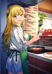  1girl alternate_costume apron ass bacon blonde_hair breasts collared_shirt cooking cowboy_shot double_bun egg egg_yolk enemy_lifebuoy_(kancolle) fletcher_(kancolle) food frying_pan green_apron holding holding_spatula kantai_collection kitchen large_breasts long_hair looking_at_viewer looking_back pancake plate shirt spatula stove sunny_side_up_egg unowen violet_eyes 