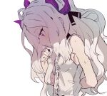  1girl armpits arms_behind_back bare_shoulders blue_archive breasts ddari highres hina_(blue_archive) horns long_hair open_mouth purple_horns shadow shirt simple_background small_breasts solo solo_focus sweat sweatdrop tied_hair violet_eyes white_background white_hair white_shirt 