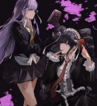  2girls bangs black_hair black_jacket black_nails black_skirt blunt_bangs bonnet book card celestia_ludenberg center_frills collared_shirt commentary_request dangan_ronpa:_trigger_happy_havoc dangan_ronpa_(series) drill_hair frills gothic_lolita hair_ribbon hairband hand_up holding holding_book holding_card jacket jewelry kirigiri_kyouko lolita_fashion lolita_hairband long_hair long_sleeves looking_at_another multiple_girls necktie null_(skev7724) open_book playing_card pleated_skirt red_eyes ribbon shirt skirt smile twin_drills twintails violet_eyes white_shirt 