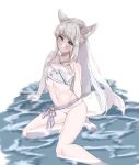  1girl animal_ear_fluff animal_ears arknights bikini blush breasts bright_pupils collarbone highres horse_ears horse_girl long_hair looking_at_viewer navel platinum_(arknights) sitting small_breasts swimsuit tail thighs white_background white_hair white_pupils yuki_nko64 
