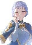  1girl artist_name bangs blue_capelet blue_dress blue_hair blush braid breasts brown_eyes capelet commentary crown_braid dress english_commentary epaulettes fire_emblem fire_emblem:_three_houses hand_on_own_face highres long_sleeves looking_at_viewer marianne_von_edmund moja_(moquackja) open_mouth parted_lips ribbon simple_background smile solo white_background white_ribbon 