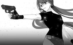  1girl alternate_costume bangs belt black_shirt breasts dangan_ronpa_(series) dangan_ronpa_v3:_killing_harmony earrings gloves grey_background greyscale gun handgun harukawa_maki highres holding holding_gun holding_weapon jewelry long_hair monochrome outstretched_arm pants pistol shirt short_sleeves solo somgae weapon 