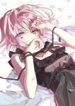  1girl absurdres arm_ribbon black_dress black_ribbon dress earrings highres jewelry lying on_back original petals pink_eyes pink_hair ribbon short_hair sleeveless sleeveless_dress solo upper_body wattaro 