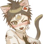  1boy animal_ears annoyed bangs blush brown_hair cake_print cat_boy cat_ears cat_tail collared_shirt commentary_request dangan_ronpa_(series) dangan_ronpa_2:_goodbye_despair extra_ears fang heart hinata_hajime kemonomimi_mode male_focus necktie one_eye_closed open_mouth shirt short_hair simple_background solo tail translation_request white_background white_shirt yomu_(dangan_yomu) 