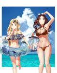  2girls abigail_williams_(fate) alternate_hairstyle bag bikini black_bow blonde_hair blue_eyes bow braid breasts brown_hair clouds eyewear_on_head fate/grand_order fate_(series) food glasses hair_bow highres ice_cream ice_cream_cone innertube jewelry leonardo_da_vinci_(fate) long_braid lowleg lowleg_bikini medium_breasts mori_yashiro_(konkon_oyashiro) multiple_girls necklace orange_bow reflection see-through sky smile stuffed_animal stuffed_toy swimsuit teddy_bear tongue tongue_out twin_braids twintails water 