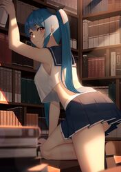  1girl arm_up armpits ass bare_arms bare_shoulders blue_hair blue_skirt blurry book book_stack bookshelf breasts crop_top crop_top_overhang depth_of_field dungeon_and_fighter from_behind hair_ribbon highres library long_hair looking_at_viewer looking_back maemi_(maemi12) medium_breasts midriff miniskirt panties panty_peek pantyshot parted_lips pleated_skirt red_eyes revision ribbon sailor_collar school_uniform serafuku shirt skirt sleeveless sleeveless_shirt solo thighs twintails underwear white_panties white_shirt 