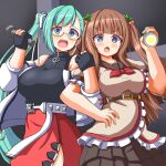  .live 2girls alternate_costume belt breasts brown_hair commentary_request flashlight glasses gloves green_hair highres jacket kagura_suzu_(.live) kakyouin_chieri large_breasts looking_at_viewer multiple_girls open_mouth scared shizukanahoshi side_ponytail simple_background tears virtual_youtuber 