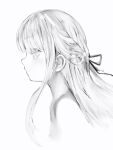  1girl braid closed_mouth completely_nude french_braid from_side greyscale hair_ribbon highres long_hair marshmallow-chan_(nanashi) monochrome nanashi_(nlo) nude original portrait profile ribbon simple_background solo upper_body white_background 