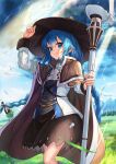  1girl absurdres blue_eyes blue_hair braid brown_cape brown_headwear brown_ribbon brown_skirt cape closed_mouth clouds cloudy_sky commentary_request eyebrows_visible_through_hair grass hair_between_eyes hair_ribbon hat highres holding holding_staff kandyy_pop long_hair mushoku_tensei outdoors rain ribbon roxy_migurdia skirt sky smile solo staff twin_braids witch_hat 