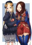  2girls abigail_williams_(fate) blonde_hair blue_background blue_eyes blue_gloves blue_legwear bow brown_hair cape commentary_request dress elbow_gloves fate/grand_order fate_(series) gloves hair_bow hat highres leonardo_da_vinci_(fate) mori_yashiro_(konkon_oyashiro) multicolored_hair multiple_girls one_eye_closed open_mouth puff_and_slash_sleeves puffy_sleeves red_dress star_(symbol) stuffed_animal stuffed_toy teddy_bear thigh-highs two-tone_hair white_background 