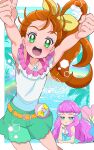  2girls :d arms_up bare_shoulders blue_eyes blue_sky blush bow brown_hair chibi cowboy_shot day green_eyes green_shorts hair_bow hair_strand head_rest highres jewelry juugoya_neko laura_la_mer long_hair looking_at_viewer lying mermaid monster_girl multiple_girls natsuumi_manatsu necklace ocean on_stomach open_mouth outdoors palm_tree pearl_necklace pink_hair precure rainbow shorts side_ponytail sky sleeveless smile tree tropical-rouge!_precure yellow_bow 