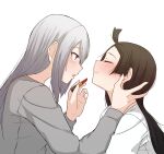  2girls absurdres applying_makeup black_hair blush closed_eyes cosmetics hair_down highres higuchi_kaede holding_head lipstick_tube mole mole_under_eye multiple_girls nijisanji ryon_1925 silver_hair tsukino_mito virtual_youtuber 