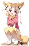  1girl :d animal_ear_fluff animal_ears bangs between_legs blush bow breasts brown_eyes brown_hair brown_legwear eyebrows_visible_through_hair fennec_(kemono_friends) fox_ears fox_girl fox_tail full_body hair_between_eyes hand_between_legs heart highres kemono_friends makuran medium_breasts multicolored_hair open_mouth pink_sweater pleated_skirt puffy_short_sleeves puffy_sleeves shoes short_sleeves skirt smile solo squatting sweater tail thigh-highs translated two-tone_hair white_background white_footwear white_hair white_skirt yellow_bow 