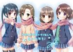  4girls :d black_hair black_legwear blush braid brown_eyes brown_hair character_request child commentary copyright_request eyebrows_visible_through_hair green_eyes grin holding_hands jacket long_hair looking_at_viewer multiple_girls open_mouth original pantyhose pink_scarf plaid plaid_scarf pleated_skirt ponytail scarf shared_scarf skirt smile snowflake_background thigh-highs twin_braids twintails violet_eyes yukino_minato 