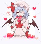  1girl back_bow bat_wings blue_hair blush border bow closed_eyes commentary_request cravat english_text facing_viewer fang grey_border hands_up hat hat_ribbon heart holding holding_heart katai_(nekoneko0720) mob_cap open_mouth pink_headwear pink_shirt pink_skirt red_bow red_neckwear red_ribbon remilia_scarlet ribbon shirt short_hair short_sleeves skirt smile solo spoken_heart touhou upper_body white_background wings wrist_cuffs 