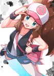  1girl baseball_cap black_vest black_wristband blush brown_hair collarbone commentary from_above green_eyes hand_on_hip hat highres hilda_(pokemon) long_hair looking_at_viewer miyama-san open_clothes open_mouth open_vest pink_bag pokemon pokemon_(game) pokemon_bw shirt shorts sidelocks smile solo teeth tongue two-tone_headwear vest wristband 