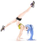  1girl bare_legs black_shorts blue_eyes blue_hair chaesu from_side full_body handstand highres long_hair looking_at_viewer midriff minah_(chaesu) original ponytail shadow shoes shorts simple_background sneakers solo split sports_bra upside-down white_background yellow_sports_bra 