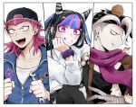  1girl :d bangs black_hair black_headwear black_shirt blue_hair blue_jumpsuit blush braid brown_jacket cham-p collarbone commentary_request dangan_ronpa_(series) dangan_ronpa_3_(anime) ear_piercing earrings eyebrows_visible_through_hair grey_hair grin hair_horns hamster holding holding_wrench jacket jewelry jum-p jumpsuit long_hair looking_at_viewer maga-g mioda_ibuki multicolored_hair necklace open_mouth piercing pink_eyes pink_hair scarf school_uniform serafuku sharp_teeth shimada_(dmisx) shirt short_hair side_braid skirt smile souda_kazuichi sun-d tanaka_gandamu teeth thigh-highs white_hair white_shirt wrench 