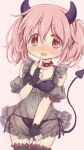  absurdres black_bra black_legwear black_panties bra choker demon_horns demon_tail finger_to_mouth highres hitode horns kaname_madoka mahou_shoujo_madoka_magica panties pink_eyes pink_hair see-through short_hair side-tie_panties spiked_choker spikes tail twintails underwear 