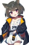 1girl :d animal_ears belt belt_pouch breasts brown_hair can commission energy_drink hand_in_pocket highres jacket long_sleeves looking_at_viewer no_pants open_mouth original pouch red_eyes shirt short_hair skeb_commission small_breasts smile soda_can wagashi928 