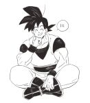  1boy ^_^ amepati ankle_boots baggy_pants belt black_belt black_footwear black_hair boots clenched_hand clenched_teeth closed_eyes dougi dragon_ball dragon_ball_z elbow_on_knee elbow_rest facing_viewer fingernails full_body grin hand_on_own_leg happy head_rest highres indian_style male_focus monochrome muscular pants pectorals simple_background sitting smile solo son_goku speech_bubble spiked_hair teeth translation_request white_background wristband 