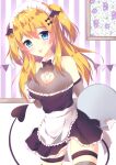  1girl bangs black_bow blonde_hair blue_eyes blush bow bow_choker bow_hairband breasts demon_tail flower hair_ornament hairband happy hose koron_(macarongirl27) looking_at_viewer maid medium_breasts medium_hair moe2021 multicolored multicolored_background open_mouth original parchment picture_frame ribbon scroll smile solo standing tail tongue tongue_out tray 