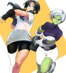  2girls armor bare_legs belt bike_shorts black_belt black_gloves black_hair black_sports_bra blue_eyes bodysuit boots breasts cheelai clenched_teeth closed_mouth collarbone colored_skin dragon_ball dragon_ball_super dragon_ball_super_broly dragon_ball_z dutch_angle facing_viewer fanny_pack feet_out_of_frame feet_up fingerless_gloves floating_hair gloves green_skin grin hair looking_at_another looking_to_the_side medium_breasts multiple_girls ommmyoh orange_background outstretched_hand partially_colored pink_eyes purple_bodysuit see-through shiny shiny_hair shirt short short_sleeves simple_background skindentation smile sports_bra square teeth thick_thighs thigh_gap thighs tight time_paradox twintails very_short_hair videl white_background white_footwear white_gloves white_hair white_shirt 