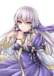  1girl closed_mouth dress fire_emblem fire_emblem:_three_houses hair_ornament long_hair long_sleeves lysithea_von_ordelia pink_eyes simple_background smile solo ten_(tenchan_man) upper_body white_background white_hair 