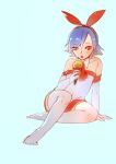  1girl 3four bare_shoulders blue_hair breasts detached_sleeves disgaea dress food gloves hairband ice_cream looking_at_viewer pleinair red_eyes ribbon short_hair simple_background solo thigh-highs white_legwear 