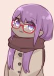  1girl :3 alternate_hair_length alternate_hairstyle bespectacled brown_background brown_jacket brown_scarf closed_mouth dark_skin dark-skinned_female fate/prototype fate/prototype:_fragments_of_blue_and_silver fate_(series) glasses hassan_of_serenity_(fate) highres i.u.y jacket long_hair looking_at_viewer purple_hair red-framed_eyewear scarf simple_background solo upper_body violet_eyes 