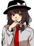  1girl bangs bow breasts brown_eyes brown_hair closed_mouth eyebrows_visible_through_hair fedora hair_bow hair_ribbon hand_on_own_chin hat highres kuya_(hey36253625) long_sleeves looking_at_viewer medium_breasts medium_hair necktie red_neckwear ribbon shirt simple_background smile solo touhou tress_ribbon upper_body usami_renko white_background white_bow white_shirt 