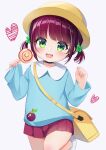  1girl :d absurdres bag bangs blue_shirt blush candy clover_hair_ornament collared_shirt earrings eyebrows_visible_through_hair food four-leaf_clover_hair_ornament green_eyes grey_background hair_ornament hands_up hat heart highres holding holding_food ikazu401 jewelry kindergarten_bag kindergarten_uniform lollipop long_sleeves looking_at_viewer nagisa_arcinia nijisanji nijisanji_id no_shoes open_mouth pinching_sleeves pleated_skirt purple_hair purple_skirt school_hat shirt short_twintails shoulder_bag simple_background skirt sleeves_past_wrists smile socks solo standing standing_on_one_leg stud_earrings swirl_lollipop twintails white_legwear yellow_headwear 