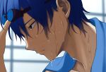 1boy adjusting_goggles blue_eyes blue_hair blurry blurry_background close-up commentary expressionless from_side goggles goggles_on_head half-closed_eyes kaito male_focus nokuhashi profile towel towel_around_neck vocaloid water water_drop wet_face 