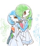  2girls alternate_color alternate_eye_color arm_around_waist bare_shoulders blue_dress blue_flower blue_hair blue_shirt closed_mouth clothed_pokemon commentary_request cosplay cowboy_shot dress flower gardevoir gen_3_pokemon green_flower green_hair hair_over_one_eye hand_up heart highres holding_hands lillie_(pokemon) lillie_(pokemon)_(cosplay) looking_at_another looking_at_viewer miniskirt muguet multiple_girls open_mouth orange_eyes pleated_skirt pokemon pokemon_(creature) shiny_pokemon shirt short_hair short_sleeves skirt sleeveless sleeveless_dress sparkle standing white_background yuri 