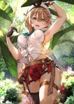  armpits atelier_(series) atelier_ryza atelier_ryza_2 belt braid breasts brown_belt brown_gloves brown_hair cowboy_shot day flower forest gloves hair_ornament large_breasts leather_belt nature red_shorts reisalin_stout shirt short_hair short_shorts shorts single_thighhigh skindentation sleeveless sleeveless_shirt sydus thick_thighs thigh_strap thighhighs thighs white_headwear 