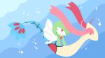  1girl blue_background bubble chibi commentary_request flat_color full_body gardevoir gen_3_pokemon green_hair hair_over_one_eye milotic muguet no_lineart open_mouth pokemon pokemon_(creature) red_eyes riding short_hair simple_background underwater water 