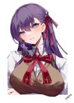  1girl absurdres arm_under_breasts artist_name bangs blush breasts collared_shirt fate/stay_night fate_(series) hair_ribbon highres hoshino_yuu_sama large_breasts long_hair looking_at_viewer matou_sakura neck_ribbon parted_lips purple_hair red_ribbon ribbon shirt simple_background smile solo upper_body violet_eyes white_background white_shirt 