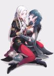  2girls absurdres black_footwear black_jacket black_shorts blue_hair boots bracer byleth_(fire_emblem) byleth_eisner_(female) chinese_commentary clothing_cutout commentary_request da-cart edelgard_von_hresvelg fire_emblem fire_emblem:_three_houses forehead garreg_mach_monastery_uniform gloves grey_background grey_ribbon hair_ribbon high_heel_boots high_heels highres jacket juliet_sleeves long_hair long_sleeves looking_at_another multiple_girls navel navel_cutout pantyhose parted_lips puffy_sleeves red_legwear ribbon shadow shorts signature silver_hair simple_background very_long_hair violet_eyes white_gloves yuri 
