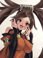  1girl bangs bare_shoulders breasts brown_eyes brown_hair china_dress chinese_clothes covered_nipples dress eyebrows_visible_through_hair fingernails guilty_gear guilty_gear_xrd hair_between_eyes hair_ring hand_on_own_face jako_(toyprn) kuradoberi_jam large_breasts long_hair long_sleeves looking_at_viewer open_mouth smile solo tin_can twintails white_background wide_sleeves 