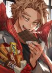  bangs black_shirt boku_no_hero_academia brown_hair chocolate food hawks_(boku_no_hero_academia) hood hoodie jewelry kadeart looking_at_viewer open_mouth orange_hair patterned_clothing ring shirt short_hair signature snack wings 