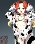  1girl animal_costume animal_print artist_logo bangs bikini black_bow bow breasts brown_eyes brown_hair cow_costume cow_print cowboy_shot eyebrows_visible_through_hair fur-trimmed_sleeves fur_trim girls_und_panzer gradient gradient_background grey_background hair_bow half-closed_eyes hands_in_hair highres hood hood_down horns_pose kadotani_anzu long_hair long_sleeves looking_at_viewer navel open_mouth parted_bangs print_bikini ribs small_breasts solo standing string_bikini swimsuit twintails x-ray yoyokkun 