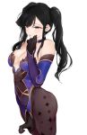  1girl absurdres bangs black_eyes black_gloves black_hair black_legwear blush bodystocking breasts cosplay covered_navel genshin_impact gloves highleg highleg_leotard highres komi-san_wa_komyushou_desu komi_shouko leotard lips long_hair looking_at_viewer mamimi_(mamamimi) medium_breasts mona_(genshin_impact) mona_(genshin_impact)_(cosplay) pantyhose parted_lips revision simple_background solo standing twintails white_background 