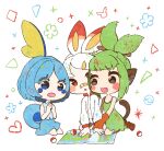  3girls animal_ears bandaid bandaid_on_nose bangs bare_shoulders black_eyes black_shorts blue_eyes blue_hair blue_shirt blue_skirt blush blush_stickers breasts brown_footwear child circle commentary_request diamond_(shape) eyebrows_visible_through_hair fang fins gen_1_pokemon gen_8_pokemon gloves green_hair green_shirt grookey hair_ornament hair_stick hairclip hands_together hands_up happy high_heels jacket lizard_girl lizard_tail long_sleeves looking_at_another looking_down looking_to_the_side map monkey_ears monkey_girl monkey_tail muguet multiple_girls open_mouth orange_gloves paper personification pikachu pointing poke_ball poke_ball_(basic) poke_ball_symbol pokemon rabbit_ears rabbit_girl red_eyes scorbunny shirt short_hair short_shorts shorts sidelocks skirt sleeveless sleeveless_shirt small_breasts smile sobble sparkle tail tied_hair topknot triangle v-shaped_eyebrows white_background white_hair white_jacket white_shirt 