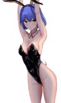  1girl animal_ears armpits arms_up ass_visible_through_thighs bangs black_leotard blue_hair blush bob_cut breasts bunny_tail collarbone detached_collar eyebrows_visible_through_hair fake_animal_ears fake_tail groin hairband highleg highleg_leotard highres leotard looking_at_viewer medium_breasts neck_ribbon original playboy_bunny rabbit_ears ribbon shiny shiny_clothes short_hair simple_background solo standing strapless strapless_leotard tail waaaa yellow_eyes 