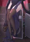  1girl ass azur_lane black_footwear black_legwear black_panties cheshire_(azur_lane) cheshire_(cait_sith_crooner)_(azur_lane) china_dress chinese_clothes chinese_commentary commentary_request dated dress garter_straps gloves high_heels highres lower_body panties pelvic_curtain purple_dress purple_gloves signature sitting solo speaker thigh-highs thighs underwear xiao_shi_lullaby 