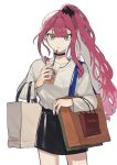  1girl absurdres bag black_skirt choker contemporary cup ddukbaegihunt disposable_cup fairy_knight_tristan_(fate) fate/grand_order fate_(series) grey_eyes highres long_hair pink_hair pink_nails ponytail shopping_bag skirt starbucks sweater white_background 