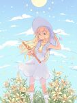  1girl artist_name bangs blonde_hair braid closed_mouth clouds collared_dress commentary dress eyelashes floating_hair flower flute green_eyes hand_on_headwear hat highres holding holding_instrument instrument lillie_(pokemon) long_hair looking_to_the_side miyaulait petals pokemon pokemon_(game) pokemon_sm sleeveless sleeveless_dress socks sun_hat twin_braids watermark white_dress white_legwear yellow_flower 