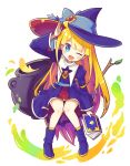 1girl absurdres arm_up black_headwear blonde_hair blue_eyes blue_footwear blush book boots cauldron full_body hat highres holding holding_book long_hair long_sleeves looking_at_viewer offbeat one_eye_closed open_mouth puyopuyo smile solo witch_(puyopuyo) witch_hat 