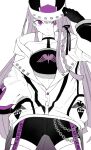  1girl adjusting_clothes adjusting_headwear alternate_costume arm_up bangs baseball_cap black_choker black_gloves black_shorts breasts chain choker collarbone commentary_request cowboy_shot dangan_ronpa:_trigger_happy_havoc dangan_ronpa_(series) gloves hand_in_pocket hand_on_headwear hat jacket kirigiri_kyouko long_hair long_sleeves looking_at_viewer pale_skin shorts simple_background solo tuteurfars_shin violet_eyes white_background white_jacket 